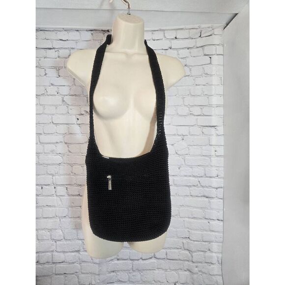 Divine Womens Black Crotcheted Wide Strap Shoulder Bag - Picture 2 of 6
